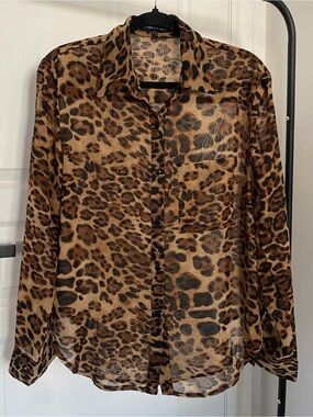 Sheer Leopard Print Button-Up Blouse